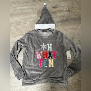 Ladies Holiday Sherpa Sweatshirt “ Oh What Fun” with Matching Hat SZ M